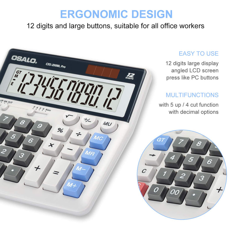 OSALO Desktop Calculator Extra Large Display 12 Digits Big Buttons Solar Accounting Calculator for Office (OS-200ML) OS-200ML Pro