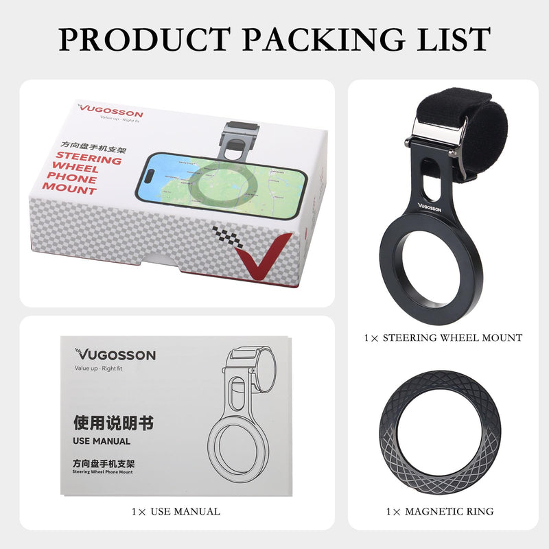 Magnetic Steering Wheel Phone Holder, MagSafe Car Mount for Tesla, 36×N52 Strong Magnet Phone Holder for iPhone Samsung All Phones, Magnetic Ring Included (Black) Black