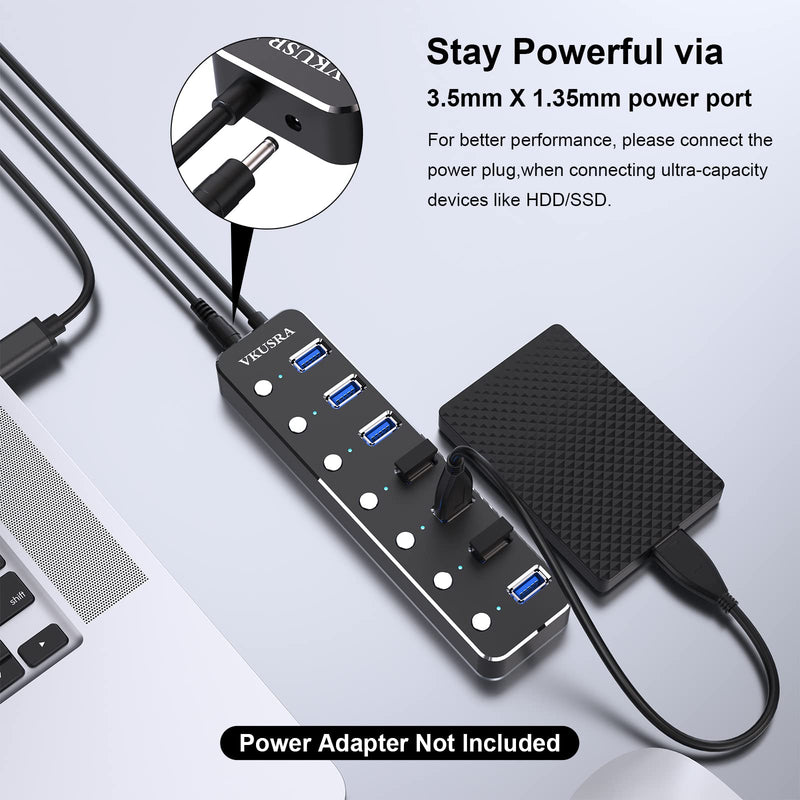 USB Hub,VKUSRA 7 Port USB Hub 3.0 with 4ft USB Extension Cable Multiple Port,Individual USB On/Off Switch and LED Indicator,USB Splitter for Laptop,Mac,Xbox,Printer, Flash Drive USB HUB 7 PORTS