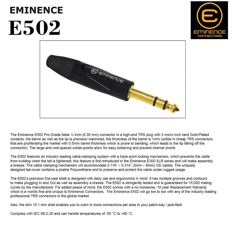 [AUSTRALIA] - WORLDS BEST CABLES 2 Units - 6 Inch - Canare L-4E6S, Star Quad Balanced TRS Patch Cable with Eminence Gold E502 TRS Stereo Plugs - Custom Made 