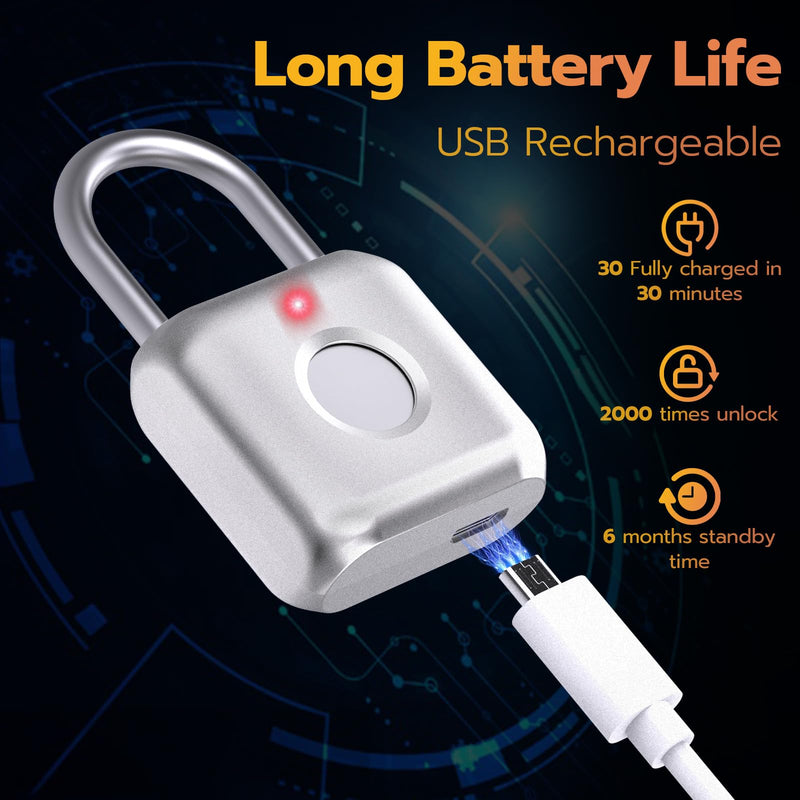 Pothunder Fingerprint Padlock, Smart Padlock, Locker Lock, Biometric Metal Keyless Fingerprint Lock, USB Rechargeable, for Gym Locker, Locker, Luggage, Backpack(Silver) Silver