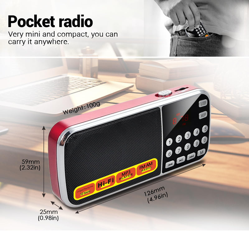 [AUSTRALIA] - Small Radios Portable AM FM:Battery Powered Radio Support USB Flash Disk/Micro SD Card MP3 Playback TF Card Slot Digital Buttons Bass Diaphragm Pocket Radio with Excellent Reception and Sound Quality red 
