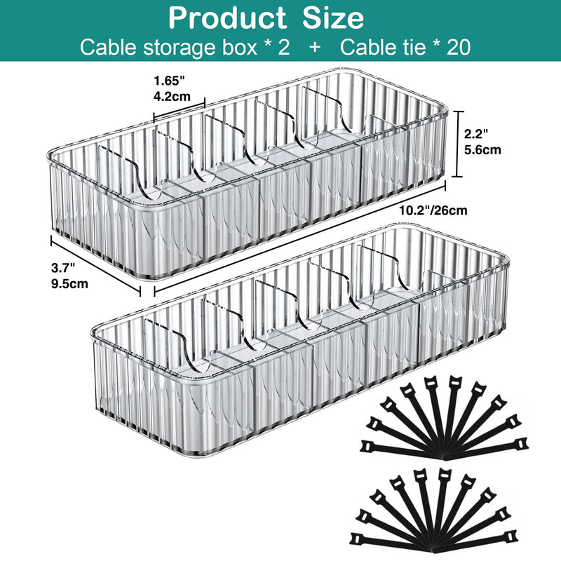 Cable Storage Boxes Organizers 2 Pack,Cord Charger Storage Organizer Box Case with 20pcs Cable Ties,Stackable,Clear