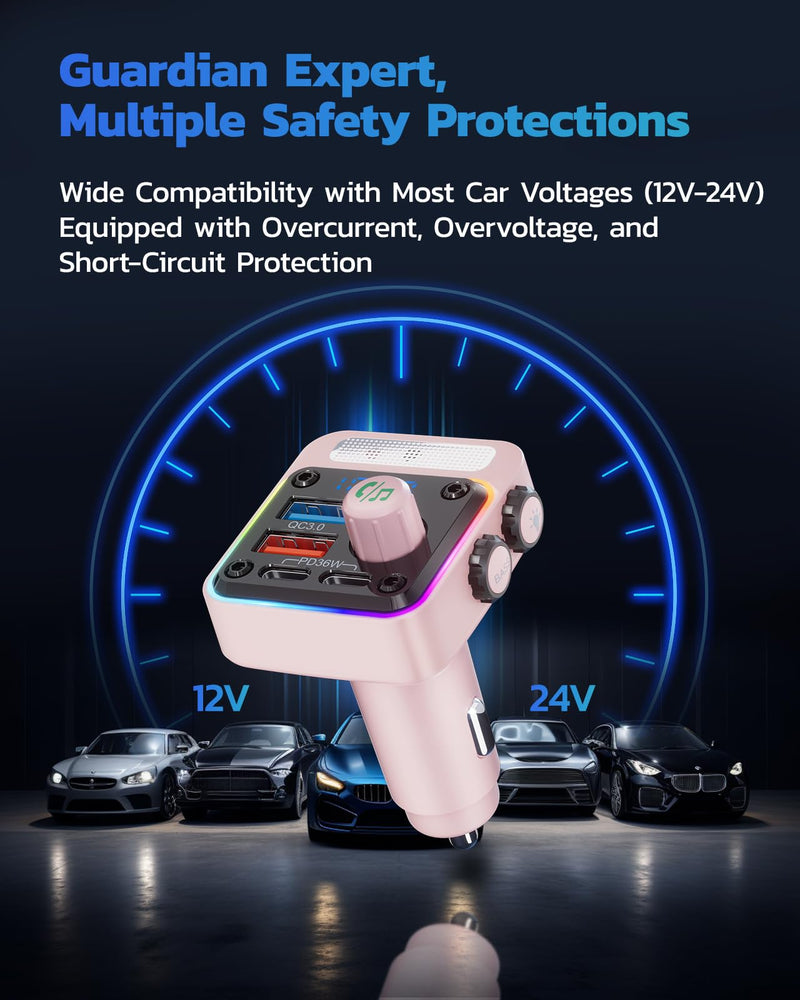 [AUSTRALIA] - Nulaxy 54W Bluetooth 5.3 Car Adapter with 4 Charging Ports [PD 36W & QC3.0 18W], Wireless Radio FM Transmitter with Deep Bass Player & 5 Colors LED Backlit, Hands-Free Calling - Pink 