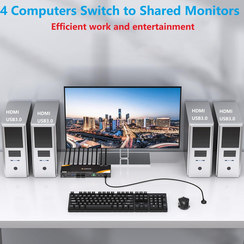 8K KVM Switch 1 Monitor 4 Computers 8K@60Hz 4K@120Hz, HDMI KVM Switch with 3 USB 3.0 Ports for 4 Computers Share 1 Monitor Keyboard Mouse Printer, with 2 USB Cables and Controller black USB+HDMI