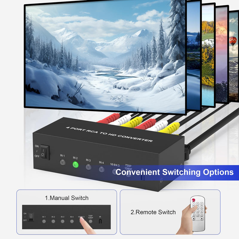 4 Port RCA to HDMI Converter AV to HDMI Adapter - 1080P/720P Red White Yellow Composite Component to HDMI Converter for TV/AUX/N64/PS2/PS3/VHS/VCR/DVD Players, Support 4:3/16:9 RCA Switch(With Remote)