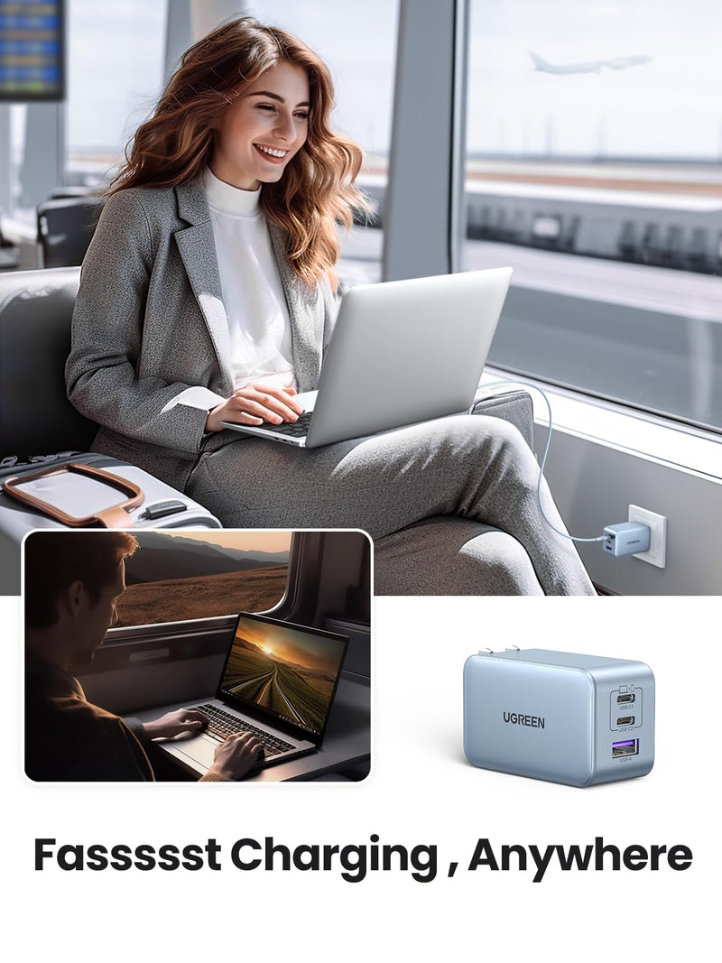 UGREEN 65W USB C Charger, Nexode 3 Ports GaN Fast Charger Block, Compact Foldable Charger for MacBook Pro/Air, Dell XPS, iPhone 15 Pro Max/14/13, iPad Pro, Galaxy S23, Pixel 7 (Glacier Blue) Glacier Blue