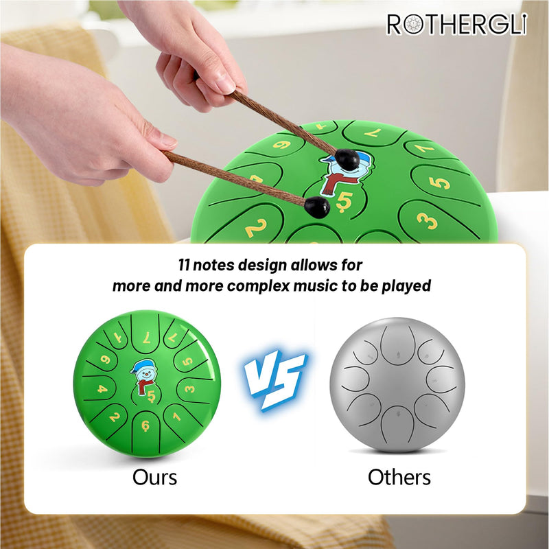 [AUSTRALIA] - Steel Tongue Drum -11 Note 6 Inch Tongue Drum Instrument - Hand Pan Drums with Music Book, Steel Handpan Drum Mallets and Carry Bag, C Major for Meditation or Yoga,Gift for Kid or Adults(Green) Green 