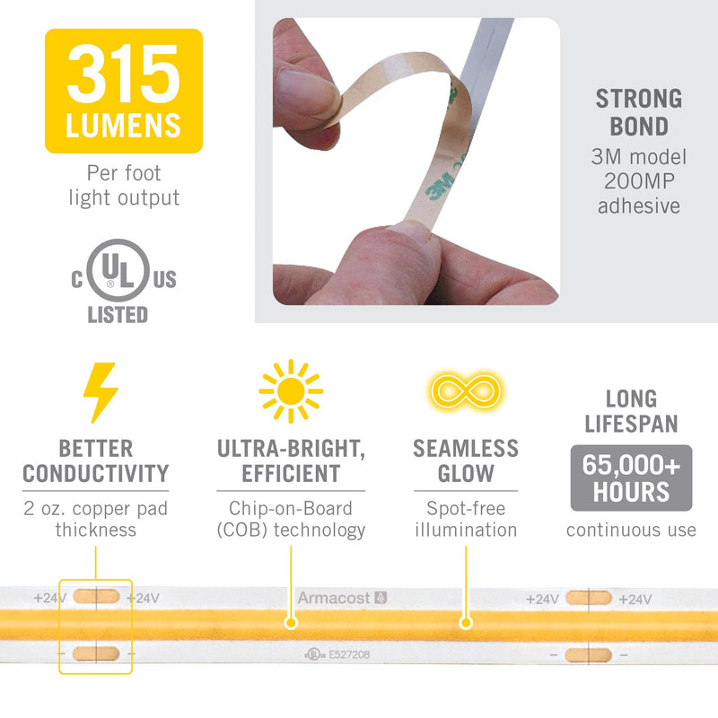 Armacost Lighting RibbonFlex Pro 24V White COB LED Strip Light Tape 2700K, 315 Lumens/Ft, 2.5M 172110 315 lm/ft Warm White 2700K 8.2 ft