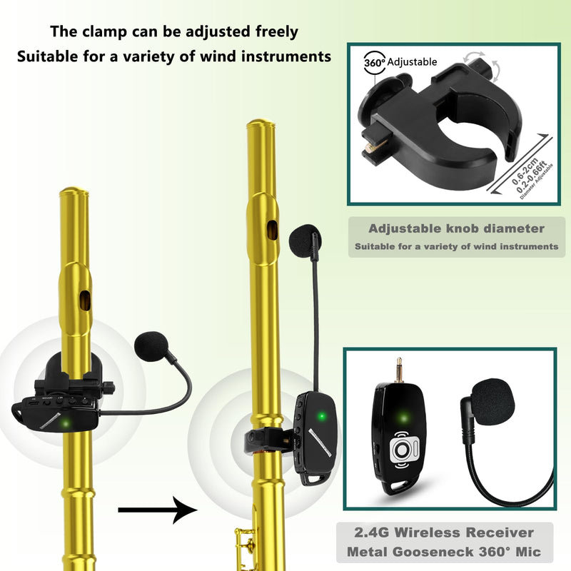 Wireless Flute Microphone for Instrument System: 2.4G Cordless Professional Mic Wind Music Instruments Microphone Receiver and Transmitter, 160ft Range for Flute, Piccolo, Clarinet