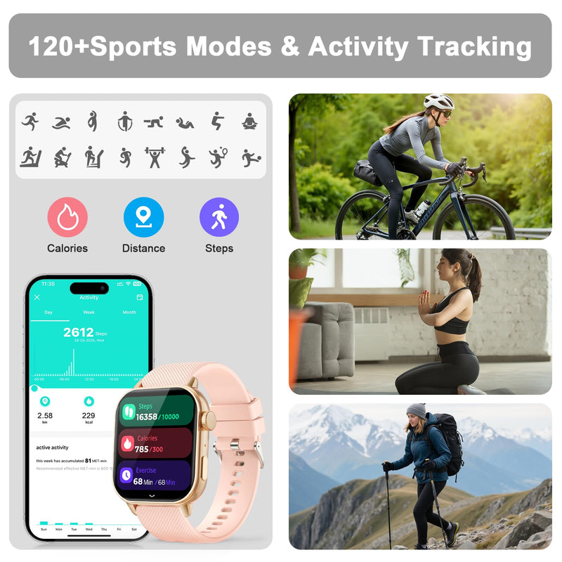 Smart Watches for Women with Bluetooth Call, 1.85" AMOLED HD Fitness Watch | Always on Display (AOD), 120+ Sport Modes, Heart Rate, Sleep & SpO2 Monitor, Text & App Alerts, IP68 Waterproof, Pink Gold