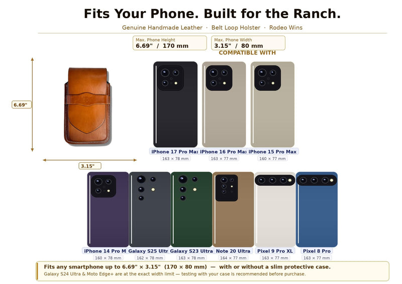 Leather Phone Holster for iPhone 17/16/15/14 Pro Max & Plus – Genuine Leather Belt Clip Cell Phone Case for Galaxy S25/S24/S23 Ultra & Plus – Handmade Belt Pouch for Men