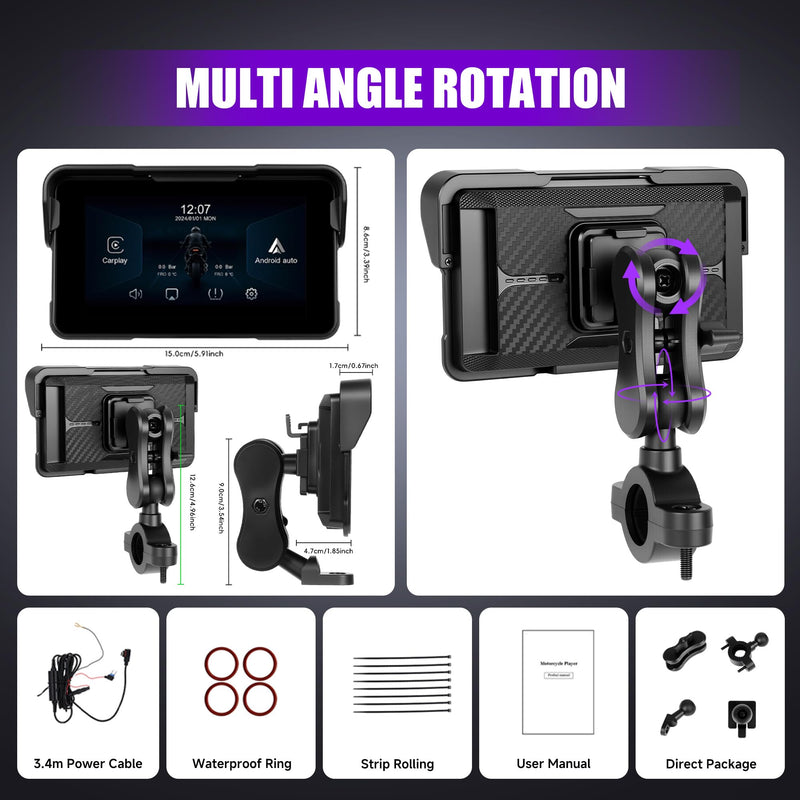 Rimoody 5 Inch Motorcycle Carplay Screen with Wireless Carplay Android Auto for Car, Bluetooth, GPS Navigation, EQ, IP67 Waterproof Touchscreen, Mirror Link, Voice Control