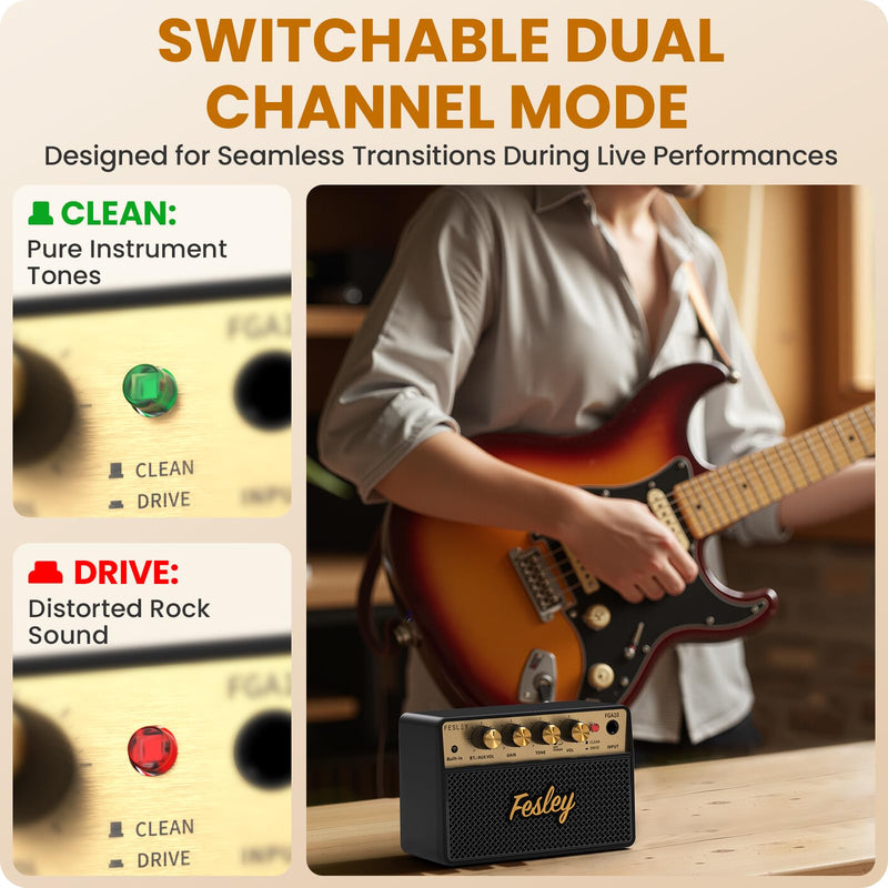 Fesley Mini Guitar Amp: 10W Portable Recharged Guitar Amplifier, Bluetooth Amp with Clean and Drive Channels, Mini Amplificador for Practice with 3.5mm Headphone Output, FGA10