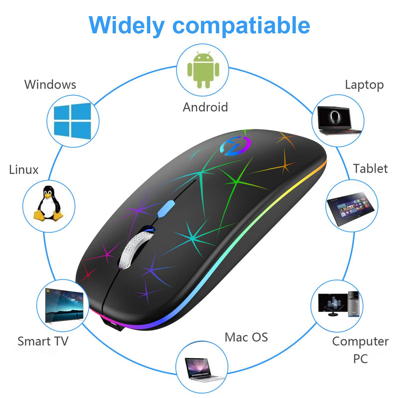 Wireless Mouse, 2.4G Portable Optical Quiet RGB Mouse with USB Receiver and Type C Adapter, 3 Adjustable DPI Levels, Wireless Computer Mouse for Laptop, Computer, PC, MacBook, Desktop Black