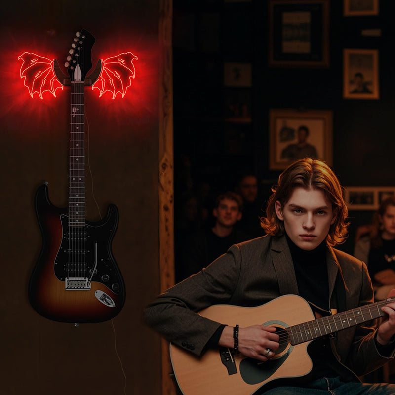 Guitar Stand Wall Mount with Luminous Devil Wings, Acrylic Wooden Guitar Hanger Shelf with USB Powered, for Acoustic Electric Bass Ukulele, Gift for Music Lovers Guitar Players Red devil