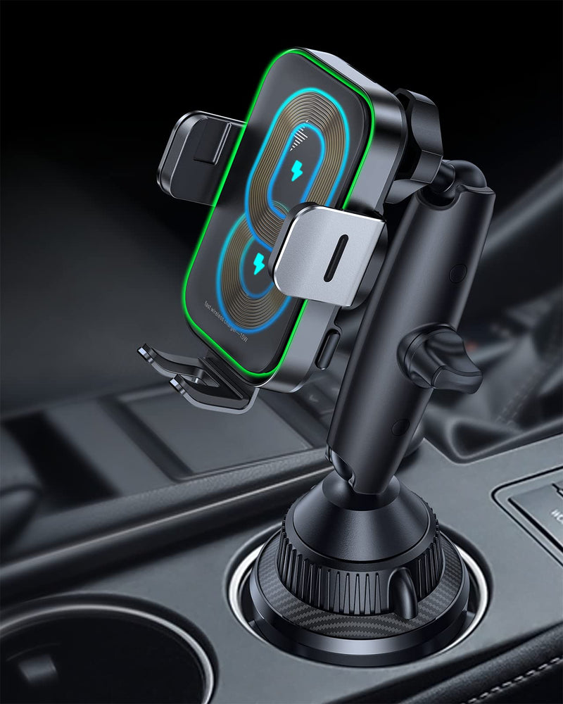 APPS2Car 15W Wireless Car Charger Cup Holder, Dual Coil, Auto Clamping | Tri-Pivots Height Adjustable Fast Charge Phone Wireless Charging Mount for Cars SUVs Trucks, for iPhone 12-17, Samsung, etc.