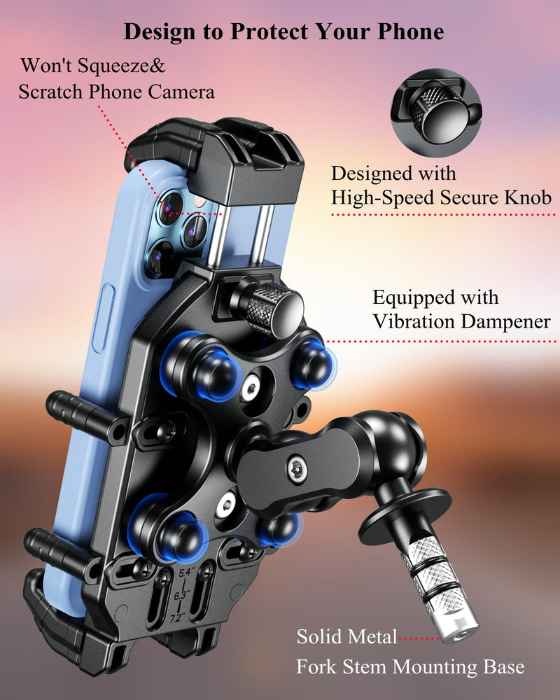 BRCOVAN Anti-Theft Motorcycle Fork Stem Phone Mount with Vibration Dampener | with High-Speed Secure Lock, Heavy Duty Phone Holder, Adjustable Size, Big Phone Friendly, Fit for 5.4 - 7.2'' Cellphone