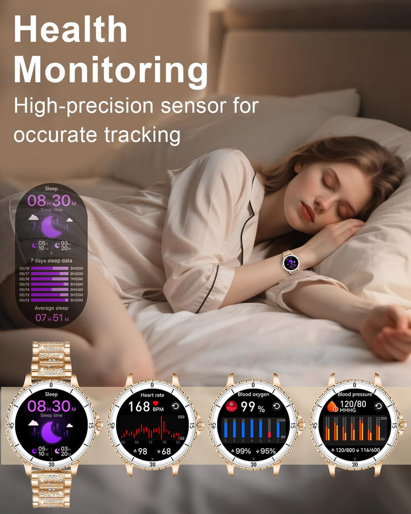 Smart Watches for Women(Answer/Make Call) with Diamond, 1.27" HD Bluetooth Smartwatch for Android iOS Phones, IP68 Fitness Tracker with Heart Rate SpO2 Sleep Monitor, 120+ Sport, Rosegold Rose Gold