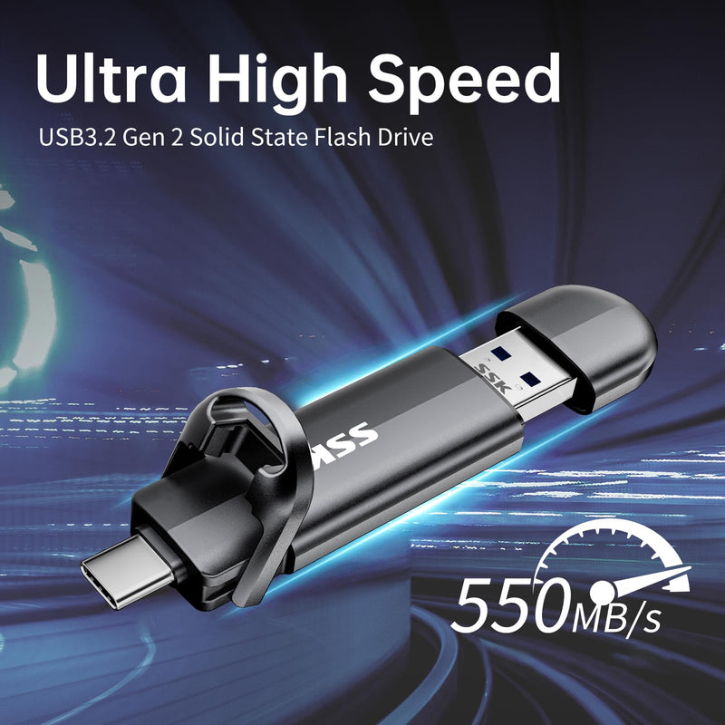 SSK 256GB External SSD Drive up to 550MB/s Dual USB C+A 3. 2 Thumb Drive | Support OTG Function,Fast Solid State SSD,USB A+C Dual Head,USB Memory Stick for iPhone 15/16/17/Android Phone,Metal