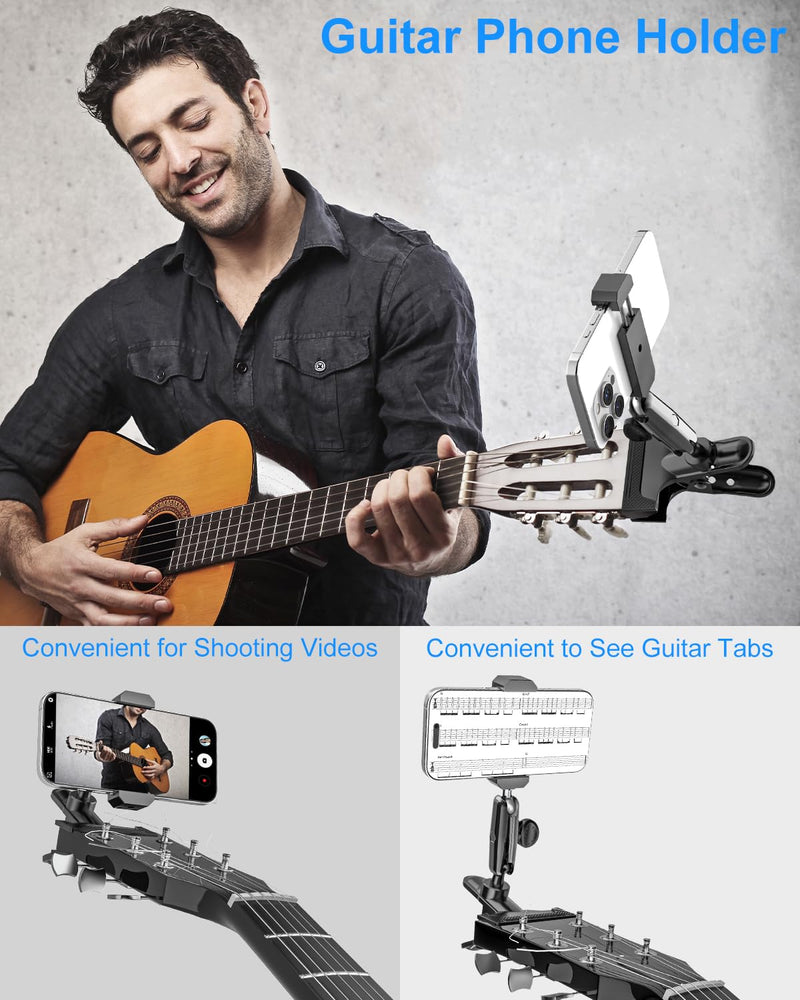 Guitar Phone Holder, [Strong Metal Clip] Guitar Phone Mount for Electric Guitar, Ukulele, Bass, Mandolin, Banjo, Sitar, Compatible with iPhone 16 Pro Max, Galaxy and All 4-7" Smartphone