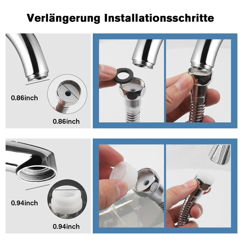QINGHEC Pack of 2 Flexible Tap Extensions, 360° Rotating Tap Attachment Extension, Multifunctional Tap Extender, Stainless Steel for Kitchen and Bathroom, 20 cm