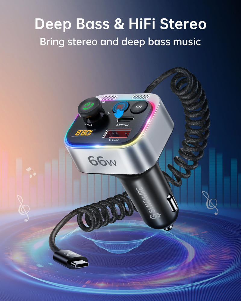[AUSTRALIA] - Syncwire Bluetooth 5.4 FM Transmitter Car Adapter 66W PD & QC 3.0 Fast Charging with USB-C Cable Wireless Radio Adapter with Light Control, HiFi Bass, Hands-Free Calling and Strong Mics 