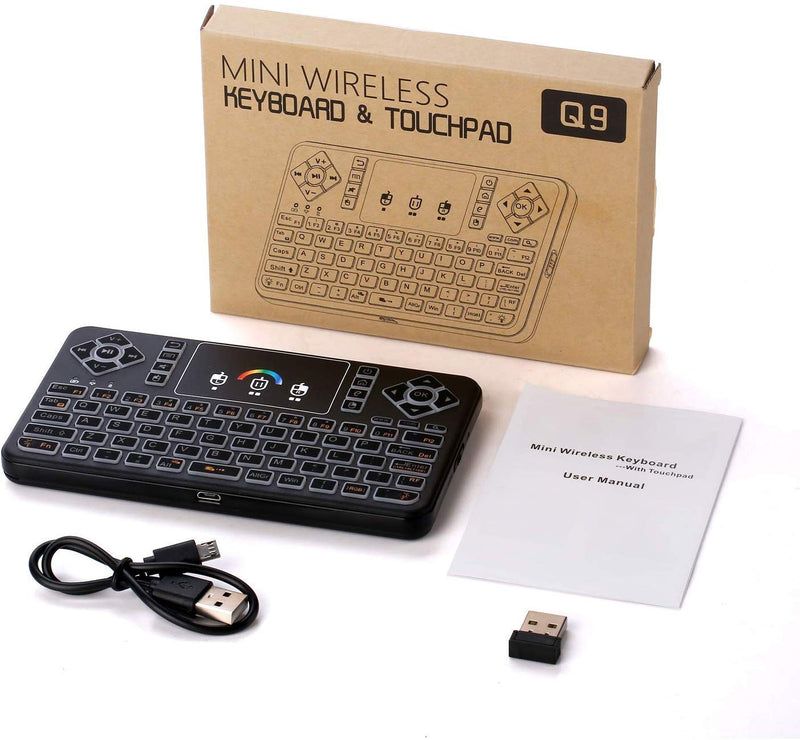 Mini Wireless Keyboard,Q9 Mini Keyboard with Touchpad,Colorful Backlit Small Wireless Keyboard,Mini Rechargeable Handheld Remote Keyboard for PC,Raspberry Pi 4, Android TV Box,KODI,Windows 7 8 10 Q9 Colorful Backlit