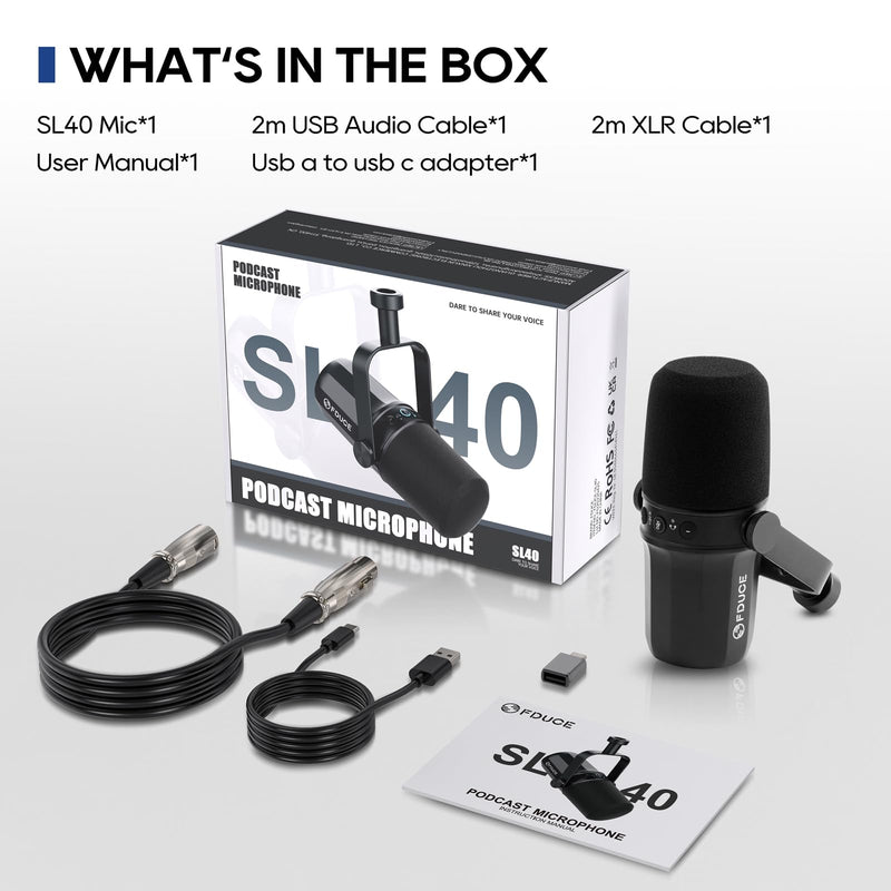 FDUCE SL40 USB/XLR Dynamic Microphone for Podcasting, Gaming, Live Streaming and Recording, Built-in Headphone Output, LED Mute Button, All Metal, Voice Isolation Technology