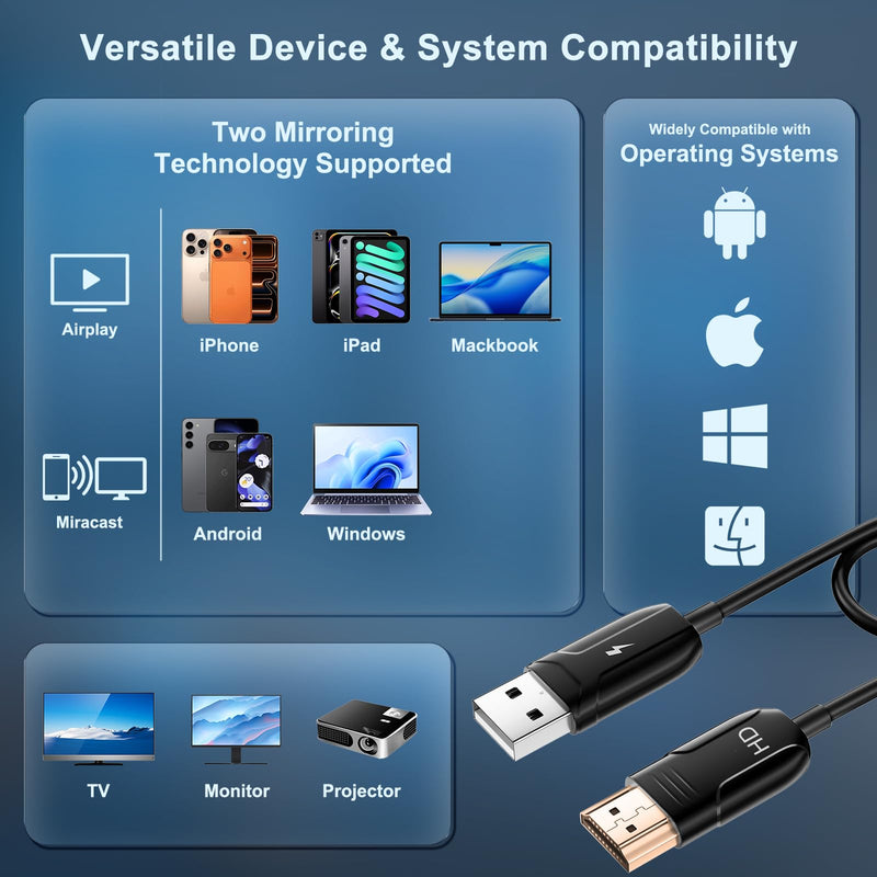 Wireless HDMI Display Adapter for iPhone, Wireless Mirroring Cable for iPhone,iPad,MacBook,Android,Windows to TV/Monitor/Projector,Streaming Video/Audio/Files,Supported Airplay & Miracast