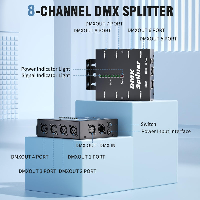 [AUSTRALIA] - 8-Way Isolated DMX512 Splitter Amplifier Distributor with 3-Pin Outputs XLR Signal Amplifier Transmitter Receiver for DJ Party LED Stage Lighting 1PCS 