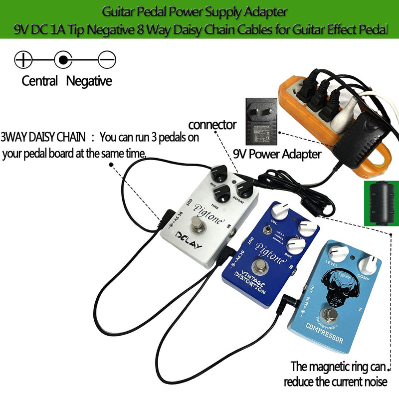 Guitar Effects Power Adapter 9V DC 1A (1000mA) Low Noise with Daisy Chain (9V1A Adapter + 3-Way Cable)