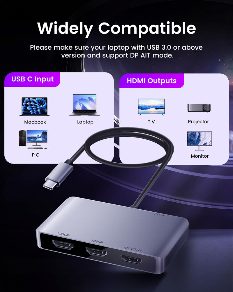 avedio links USB C to 3 HDMI Adapter, HDMI Splitter Extended Display for Triple Monitor with 100W PD Port, Out 1 4K@60Hz, Out 2 and 3 1080p, Display 4 Separate Screens for Windows/Mac OS USB C to 3x HDMI