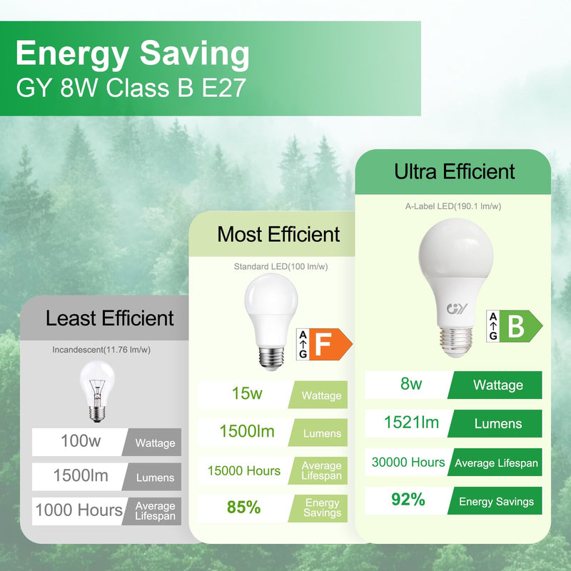 GY E27 LED Warm White Light Bulb, 8 W 1521 LM Energy Saving Bulb, Replaces 100 W Bulbs, Energy Efficiency Class B, A60 LED Warm White, Beam Angle 360° Bulb, Not Dimmable, Pack of 6 A60-8w3000k-6 6 Stück