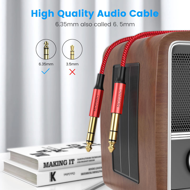MOSWAG 6.35mm to 6.35mm Stereo Audio Cable 33ft, Straight 1/4" TRS Audio Guitar Male Jack Instrument Lead with Nylon Braided for Electric Guitar, Bass, Amplifier, Mixer, Keyboard, Speaker 32.8FT/10M Red