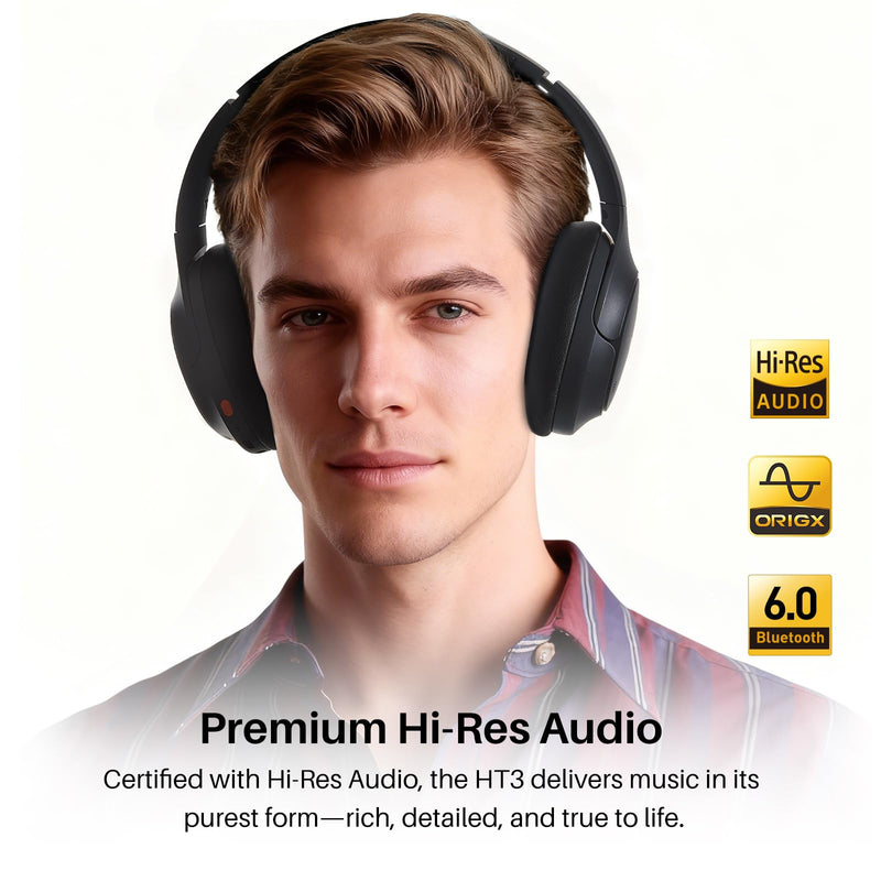 [AUSTRALIA] - TOZO HT3 Hybrid Noise Cancelling Headphones, 90H Battery Life Wireless Over Ear Bluetooth 6.0 Foldable Headset, AI Voice Assistant with 5 Mics, Connect 2 Devices and Hi-Res Sound, 32 EQ Audio Presets Titanium Black Headphones Only 