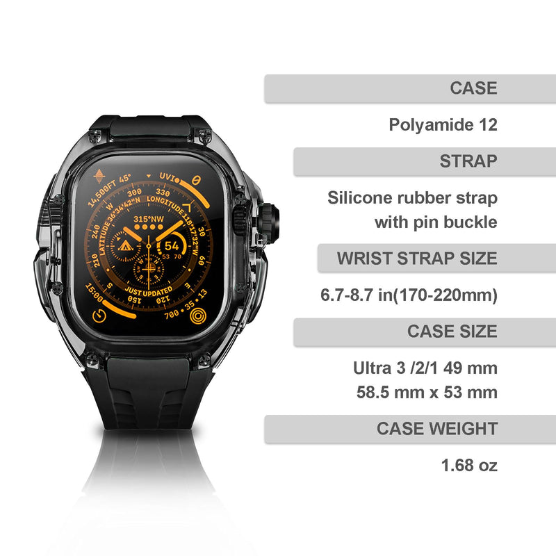 Translucent Designer Rugged Case and Band Compatible for Apple Watch Ultra 3/2/1 49mm, Luxury Tactical Crystal Clear Military Protector for iWatch, B-BR Black/Black-49