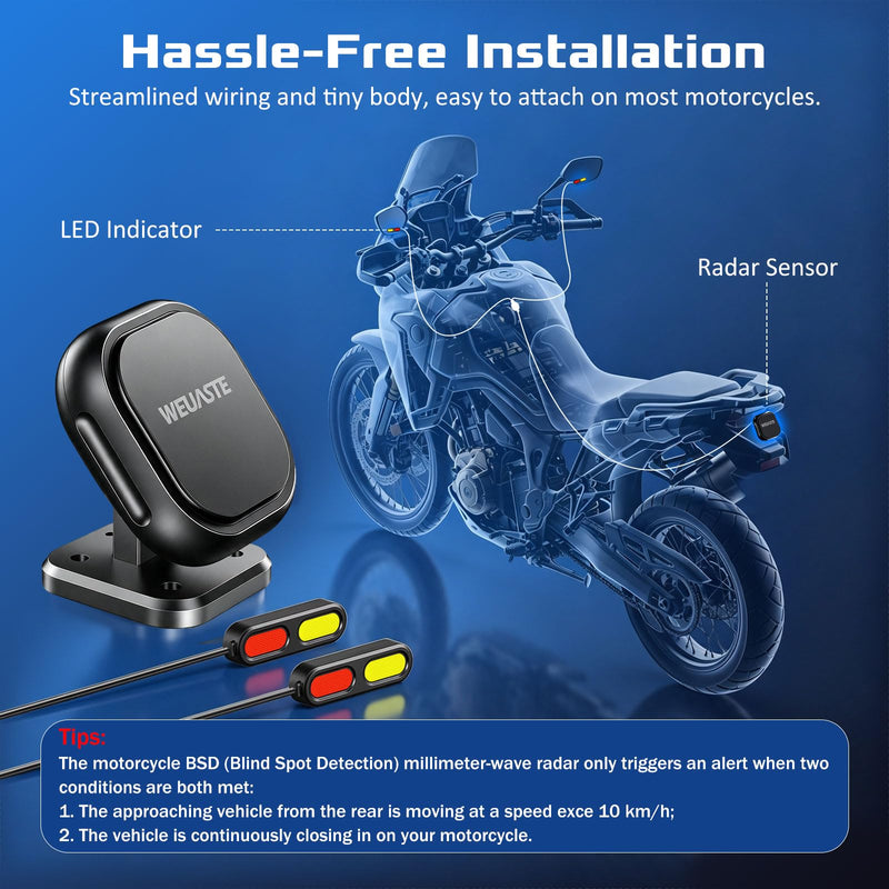 Radar Detector for Motorcycle BSD Blind Spot Detection System with Indicators Alert,24GHz Millimeter Wave Sensor,Detect Hazards from Side & Rear Line for Motorcycle Bicycle E-Bike