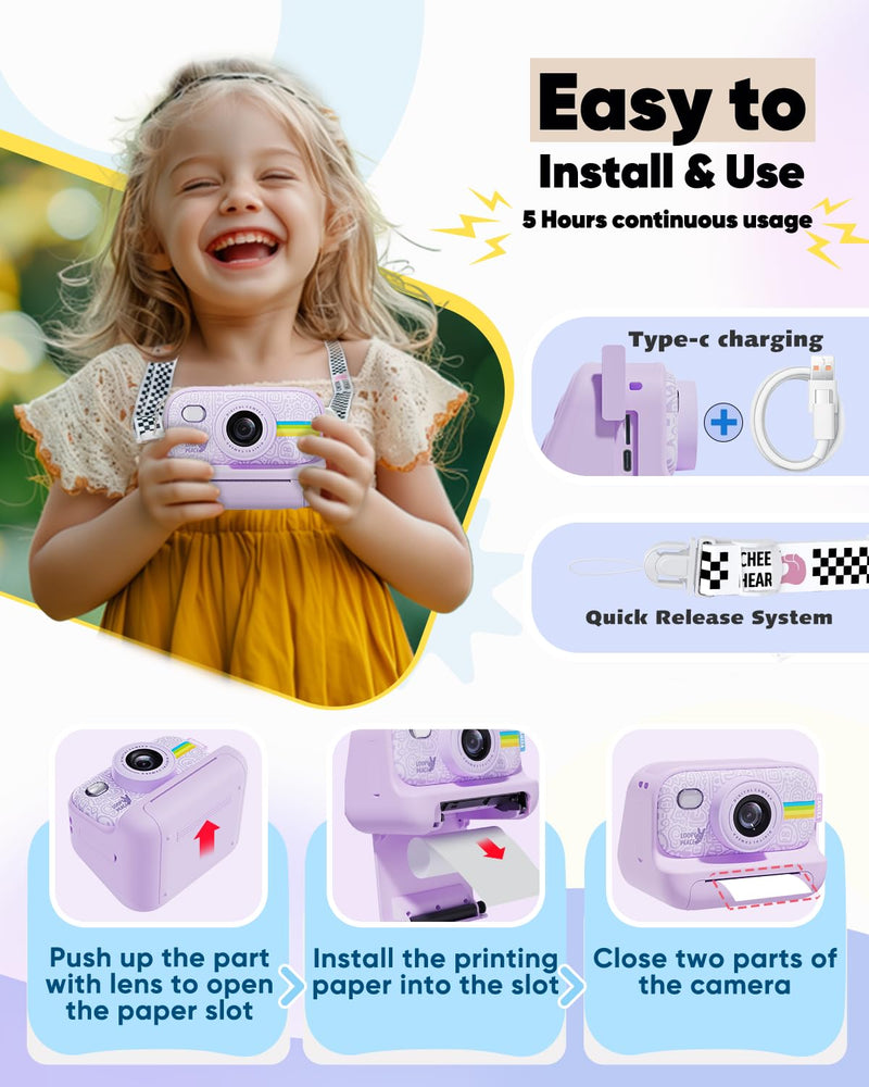 Instant Print Camera for Kids,Portable Toy for 3-12 Year Old Girl,48MP Digital Cameras for Toddler, Christmas Birthday Gifts for 4 5 6 7 8 9 10 Year Old Boys Purple