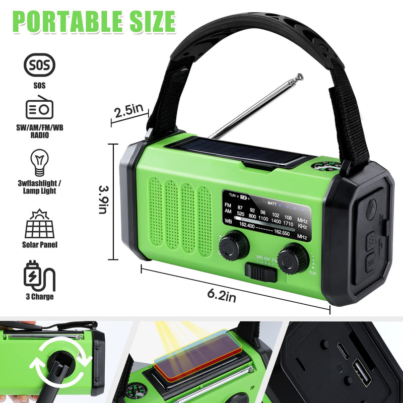 10000mAh Emergency Radio, Crank Radio, Solar Radio, NOAA/AM/FM Weather Radio, Type-C Charging Portable Radio, 3 Mode Flashlight, 5W 700LM Reading Lamp, SOS, Compass for Camping grass green