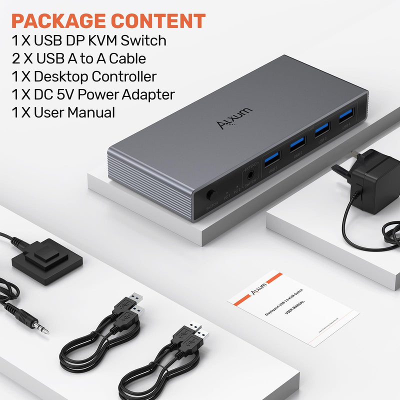 Alxum DP 1.4 KVM Switch Displayport 2 Computer 1 Monitor for Desktop Laptop | 8K 60Hz DP KVM Switcher 2 in 1 out 4USB Ports for Keyboard Mouse Printer,Dual Display Port Single Monitor with Power Delivery