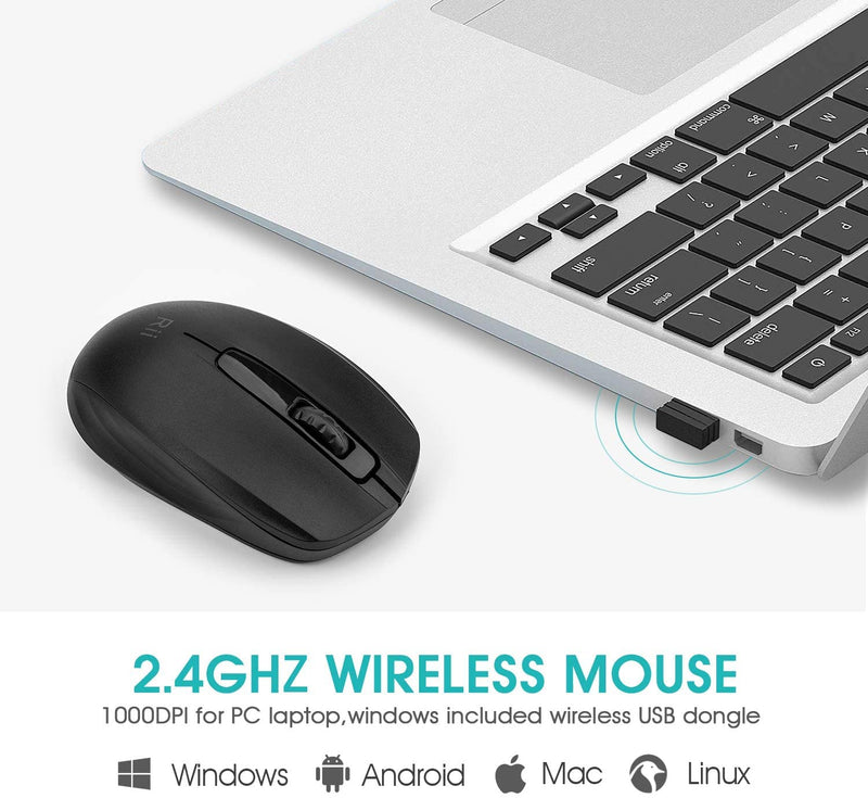 Rii Wireless Mouse 1000 DPI for PC, Laptop, Windows,Office Included Wireless USB dongle (Black) Black