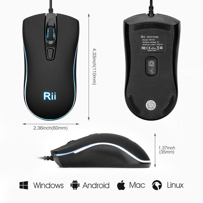 Wired Mouse,Rii Computer Mouse with Blue Backlit,USB Mouse with 1600 DPI Levels,Comfortable Grip Ergonomic Optical ,USB Wired Mice Support Windows PC, Laptop,Desktop,Notebook,Chromebook (2PACK) 2PACK