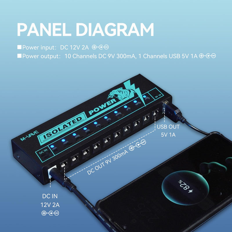 M-VAVE Guitar Pedal Isolated Power Supply Portable for Bass Effect 11 Isolated Multiple Output DC 9V 5V USB Output LED Light 300mA 1A Portable Guitar Cables