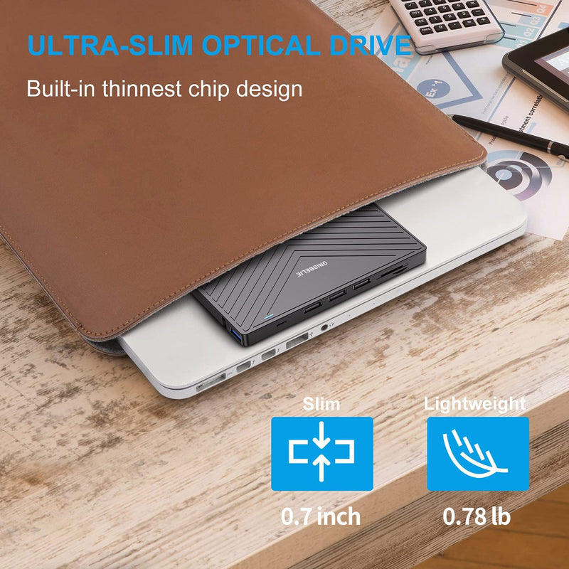 ORIGBELIE External CD DVD Drive, USB 3.0 & 4 USB Ports & 2 TF/SD Card Slots | Ultra Slim CD DVD ROM Player Burner Reader Writer Rewriter Optical Disk Drive for Laptop PC Mac OS Windows 11/10/8/7 Linux 5.6" x 6" x 0.7"