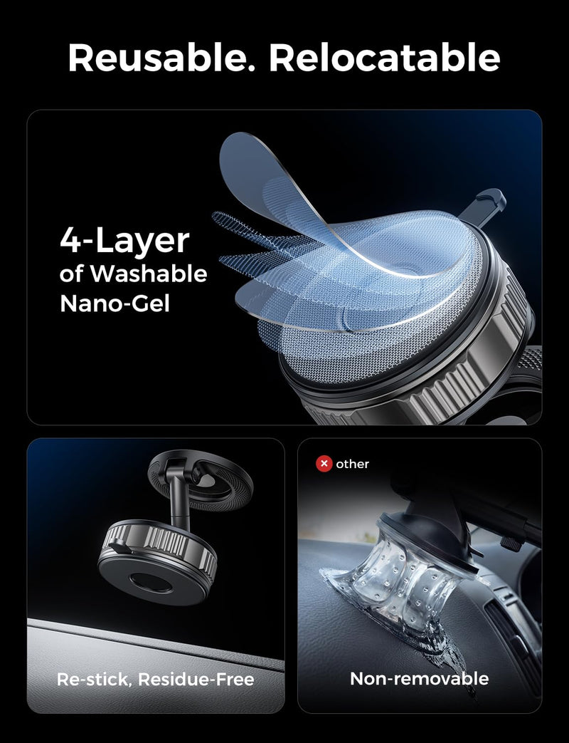 Car Mount, [Washable] Dual-Adhesion Magnetic Phone Holder for Car, 360° Adjustable Nano Gel Vacuum Phone Mount Car Accessories for Women Men for iPhone 17 16 15 14 13 12 Pro Max