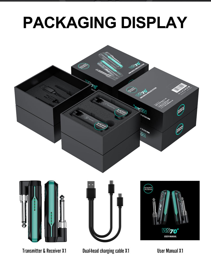 [AUSTRALIA] - Wireless Guitar Transmitter Receiver Rechargeable Wireless Guitar System 10 Channels Transmission Range for 6.35mm/3.5mm Musical Instrument WS-70+ 