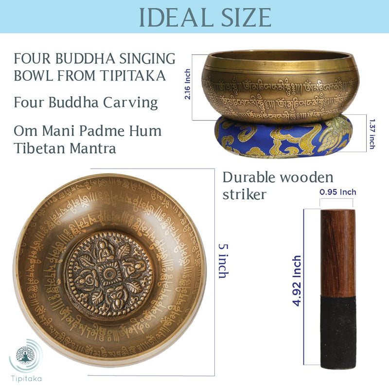 Tibetan Four Buddha Singing Bowl Set- Yoga and Meditation -Handcrafted in Nepal - Sound Healing and Mindfulness chakra bowl- Mantra Engravings, Suede wooden striker - Ideal Spiritual gift
