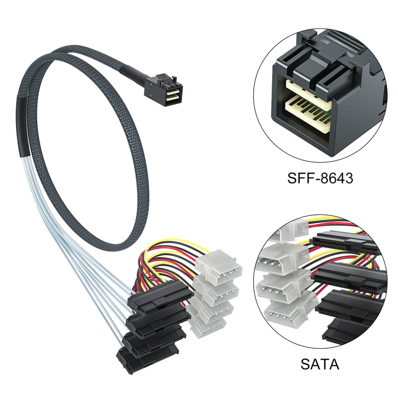 Internal Mini SAS HD SFF-8643 to 4xSFF-8482 Fan-Out SAS Cable with IDE Molex SATA Power for Raid Controller to Hard Drive, 12Gb/s, 0.5m(1.6ft)