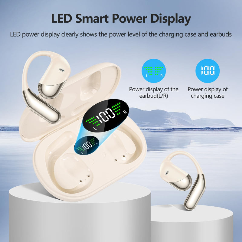 Open Ear Clip Wireless Earbuds Headphones, Bluetooth 5.4, Open Ear Design, Built-in Mic, IPX7 Waterproof, LED Display Charging Case,Ear Hooks Ear Buds Ultra for Fitness/Travel/Gym/Running/workout off-white
